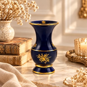 Könnte beinhalten: Eine tiefblaue Keramikvase mit ausgestelltem Rand und einem Sockelfuß. Die Vase ist mit goldenen Blumenmustern sowie goldenen Verzierungen am Rand, am Hals, am Körper und am Fuß versehen. Die Oberfläche hat ein glattes, glänzendes Finish.