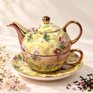 Adeline Fine Porcelain Tea for One Set, Floral Stackable Teapot Cup and Saucer