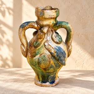 Antique Style Coastal Seashell Ceramic Vase with Fish Relief and Twin Handles