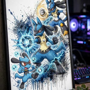 May include: A framed wall art print featuring a watercolor-style illustration of three blue and black creatures. The artwork depicts a small creature, a larger central creature generating blue energy, and a third creature with a golden aura.