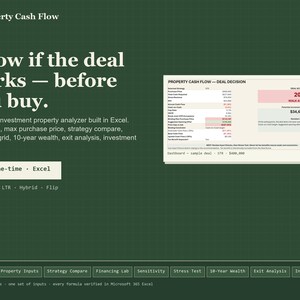 May include: A digital product interface for a property cash flow analyzer in Excel. The dark green background features white text including Property Cash Flow, Know if the deal works—before you buy, and a dashboard preview showing a deal score of 20.