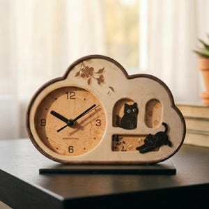 Wooden Cloud Desk Clock: Black Cat Floral Design, Quiet Sweep Movement (Nursery Decor)