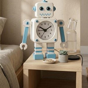 Puede incluir: Un reloj analógico con forma de robot en color blanco y azul claro, con cabeza cuadrada, ojos redondos y boca a cuadros. La esfera muestra números y manecillas negras. El robot tiene brazos y piernas articulados sobre una superficie plana.