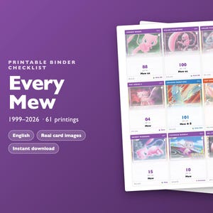 Può includere: Una lista di controllo stampabile per raccoglitori di carte collezionabili Mew con il testo "PRINTABLE BINDER CHECKLIST Every Mew 1999-2026 61 printings". Il documento mostra una griglia di nove immagini di carte individuali raffiguranti Mew.