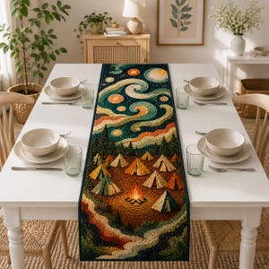 Puede incluir: Un camino de mesa rectangular con un diseño bordado y texturizado de un campamento forestal nocturno con tiendas y una fogata central bajo un cielo estrellado y arremolinado en tonos azul oscuro, naranja, amarillo y verde sobre una mesa.