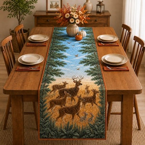 Puede incluir: Un camino de mesa rectangular con una escena natural detallada de ciervos, conejos y aves en un campo dorado, enmarcado por pinos verdes. El camino está centrado sobre una mesa de comedor de madera con platos blancos y servilletas naranjas.