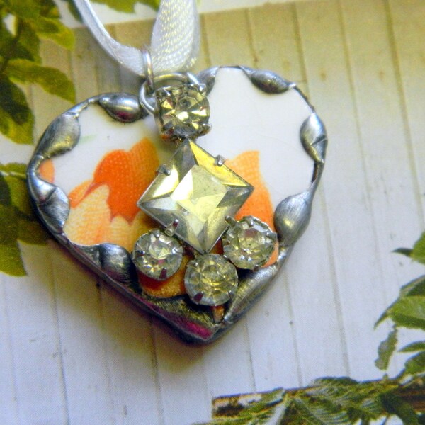 Vintage Broken China pendant handmade Solder frames with Rhinestones