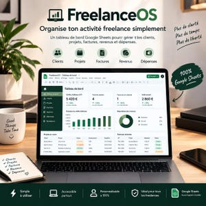 Könnte beinhalten: Ein Laptop-Bildschirm mit dem FreelanceOS Google Sheets-Dashboard, das Finanzdiagramme, Kundenprojektverfolgung und Rechnungsverwaltung zeigt. Die Benutzeroberfläche enthält Bereiche für Kunden, Projekte, Rechnungen, Einnahmen und Ausgaben in einem dunkelgrünen und weißen Design.