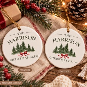 Adorno navideño personalizado, recuerdo con el nombre de la familia, decoración de árbol de cerámica de doble cara, regalo rústico para las fiestas.
