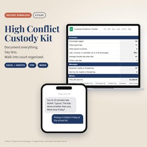 May include: A digital High Conflict Custody Kit featuring a laptop displaying a Custody Evidence Tracker spreadsheet and a smartphone showing a text message conversation. The text includes Document everything. Say less. Walk into court organized.