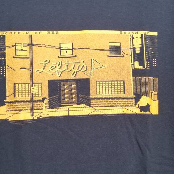 Leisure Suit Larry at Lefty's Tavern in amber using Hercules graphics card. Hand printed t-shirt