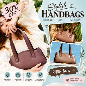 Könnte beinhalten: Eine braune Handtasche mit zwei Schulterriemen, dargestellt in einer Werbegrafik mit dem Text Stylish Handbags, 30% OFF und Shop Now. Das Bild zeigt die Tasche in drei verschiedenen Umgebungen und hebt ihre rechteckige Form und glatte Oberfläche hervor.