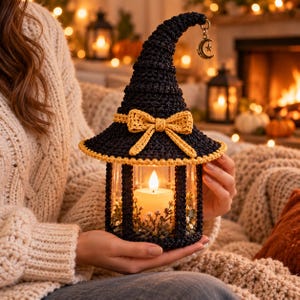May include: A black crocheted witch hat topper sits atop a glass lantern containing a lit pillar candle and small white flowers. The hat features a yellow crocheted bow and a gold-toned crescent moon charm hanging from the pointed tip.
