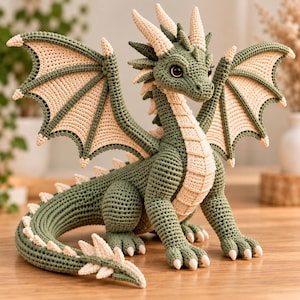 May include: A crocheted dragon figurine featuring a sage green body with cream-colored accents on the wings, horns, underbelly, and tail spikes. The creature has large dark eyes, a long curved tail, and outstretched wings with visible stitching.