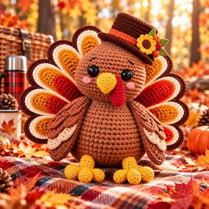 May include: A crocheted turkey plush toy featuring a brown body, a yellow beak, a red wattle, and large black eyes. The turkey wears a brown top hat adorned with a sunflower and berries. Its tail feathers are layered in shades of orange, red, and yellow.