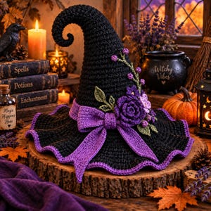 May include: A black crocheted witch hat featuring a curled tip, a wide brim with a purple border, and a purple crocheted bow. The hat is decorated with purple crocheted flowers, small buds, and green leaves attached to the side of the crown.