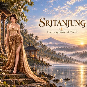 May include: A person wearing a gold-toned strapless top and a matching long, draped skirt with a high side slit, standing on stone steps. The text reads SRITANJUNG The Fragrance of Truth, set against a tropical landscape with a lake and sunrise.