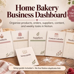 Könnte beinhalten: Home Bakery Business Dashboard digitales Vorlagenset mit Karten für Products, Orders, Suppliers, Content Calendar, Weekly Tasks und einen Setup guide. Der Text enthält Portable Markdown + CSV package und setup guide included.