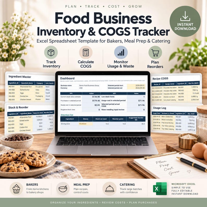 Food Business Inventory & COGS Tracker | Home Bakery Excel Template ...
