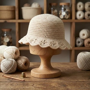 Puede incluir: Un sombrero de pescador de ganchillo en color beige con borde festoneado, expuesto sobre un soporte de madera. El sombrero presenta un patrón de puntos denso y uniforme en la copa y un borde decorativo festoneado calado en el ala.