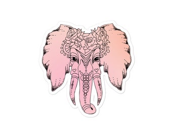 May include: A pink and white gradient illustration of an elephant's head with a floral crown and intricate patterns.