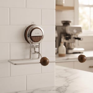 May include: A wall-mounted paper towel holder featuring a circular suction cup base with a dark wood accent and the text by-dill. The holder has a silver metal frame with a horizontal bar and two dark wood spherical end caps for stability.
