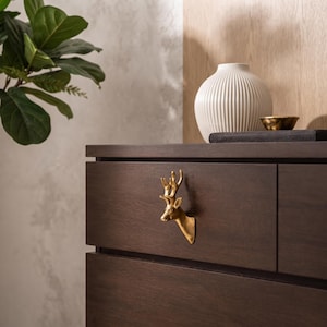 Brass Deer Cabinet Knob, Gold Animal Drawer Pull, Decorative Dresser Handle, Unique Furniture Hardware, Wildlife Home Decor
