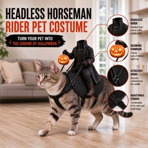 Disfraz de Jinete sin Cabeza para Mascotas - Traje de Calabaza Brillante para Gatos y Perros - Divertido Disfraz de Halloween para Mascotas Pequeñas