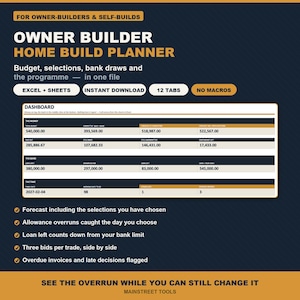 May include: A digital home build planner for owner-builders featuring a dashboard with financial tracking, budget, bank draws, and project timelines. The interface includes 12 tabs, Excel and Sheets compatibility, and displays data for money, bank, and time.