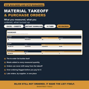May include: A digital spreadsheet template for material takeoff and purchase orders, featuring a dashboard with data tables for builders and site managers. The interface includes sections for takeoff, orders, and missing items, with text labels like Excel + Sheets, Instant Download, 10 Tabs, and No Macros.