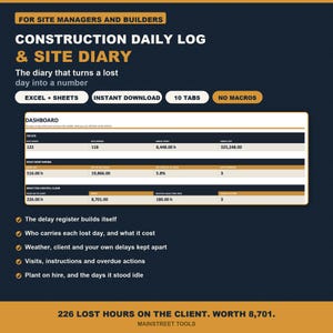 以下が含まれることがあります： ExcelおよびSheets用のデジタル建設日報および現場日誌テンプレート。ダークブルーとゴールドのインターフェースには、労働時間、コスト、遅延追跡などのプロジェクト指標を示すダッシュボードが表示されます。10個のタブ、マクロなし、現場管理者向けの即時ダウンロード機能が備わっています。