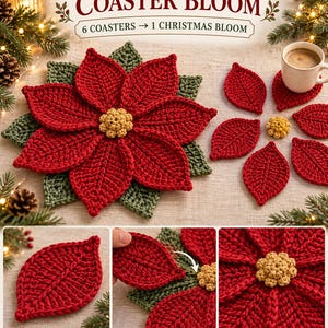 Puede incluir: Un juego de seis posavasos de ganchillo con forma de pétalos de flor de pascua rojos y hojas verdes, con un pequeño centro amarillo. Los posavasos se pueden unir para formar una sola flor. Texto: Poinsettia Petal Coaster Bloom.