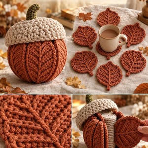 Può includere: Un set di sottobicchieri all'uncinetto a forma di ghianda, composto da sei sottobicchieri color ruggine a forma di foglia e un contenitore a forma di ghianda con cappuccio beige. Il testo recita HARVEST ACORN COASTER NEST 6 COASTERS BEGINNER.