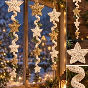 May include: A vertical hanging decoration featuring a series of crocheted stars in cream and gold colors, connected by a spiraling cream-colored cord with small green crocheted leaves interspersed between the stars, creating a festive garland.