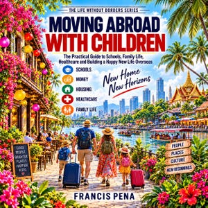 May include: A book cover titled Moving Abroad With Children by Francis Pena. The cover features a family walking along a waterfront with luggage, surrounded by tropical flowers and a city skyline. It includes icons for schools, money, housing, healthcare, and family life.