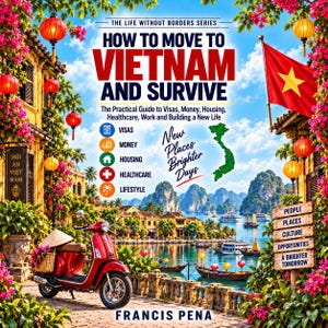 以下が含まれることがあります： フランシス・ペーニャ著『How to Move to Vietnam and Survive』のブックカバー。赤いスクーター、ベトナムの国旗、ベトナムの地図、そしてビザ、お金、住宅、医療、ライフスタイルなどのトピックに関するテキストが描かれています。