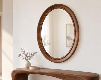 Oval Walnut Wood Mirror / Solid Wood Frame Wall Mirror