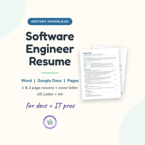 Professional Resume Template for Software Engineer, IT and Developer Resume, Word Google Docs Pages, 1 and 2 Page CV with Cover Letter