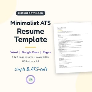 Minimalist Resume Template for Word, Google Docs and Pages, Minimal Black and White CV, Simple 1 and 2 Page Resume