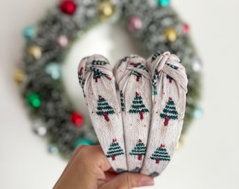 Faux Embroidered Christmas Trees Top Knot Headband, holiday headband, Hard Headband Christmas  Headband, Bendable Headband, Brynnbands