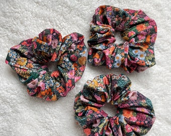 Dark Floral Faux Embroidery Scrunchie, Floral Scrunchie, Soft Scrunchie, Oversized Scrunchie, XL scrunchie, Brynnbands, Hair Scrunchie,