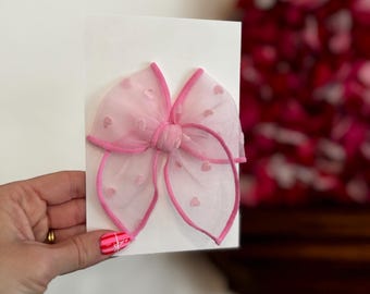 Light Pink Mesh with Pink Flocked Hearts Fable Bow, Valentine's Bow