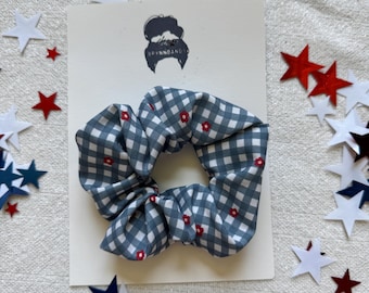 Floral Gingham Scrunchie: Red Bow, Patriotic Hair Accessory