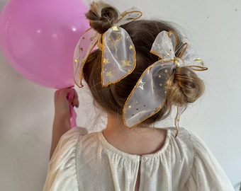Gold Stars Mesh Bow, Bow Hair Clip, Barrette Hair Clip, Soft Hair Clip, Tulle Barrette, Brynnbands