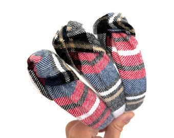 Red Blue White Flannel Top Knot Headband, holiday plaid headband,  Hard Headband , Christmas  Headband, Bendable Headband, Brynnbands