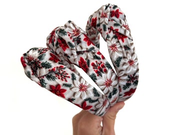 Poinsettia Embroidered Top Knot Headband, holiday plaid headband,  Hard Headband , Christmas  Headband, Bendable Headband, Brynnbands