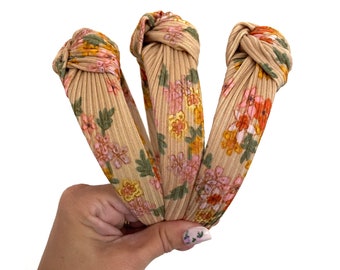 Tan Floral Rib Knit Top Knot,  Floral Headband,Fall Headband, Brynnbands, Hard Headband, Knotted Headband, Fall Hair