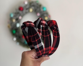 Black Red White Plaid Top Knot Headband, holiday plaid headband,  Hard Headband , Christmas  Headband, Bendable Headband, Brynnbands