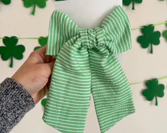 Green Stripes Bows, Bow Hair Clip, Barrette Hair Clip, Soft Hair Clip, St Patrick's Day Clip, Barrette, Brynnbands
