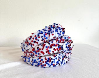 Red White Blue Sequins, 4th of July Sequin Top Knot Headband, Brynnbands, Hard Headband, Knotted Headband, Top Knot